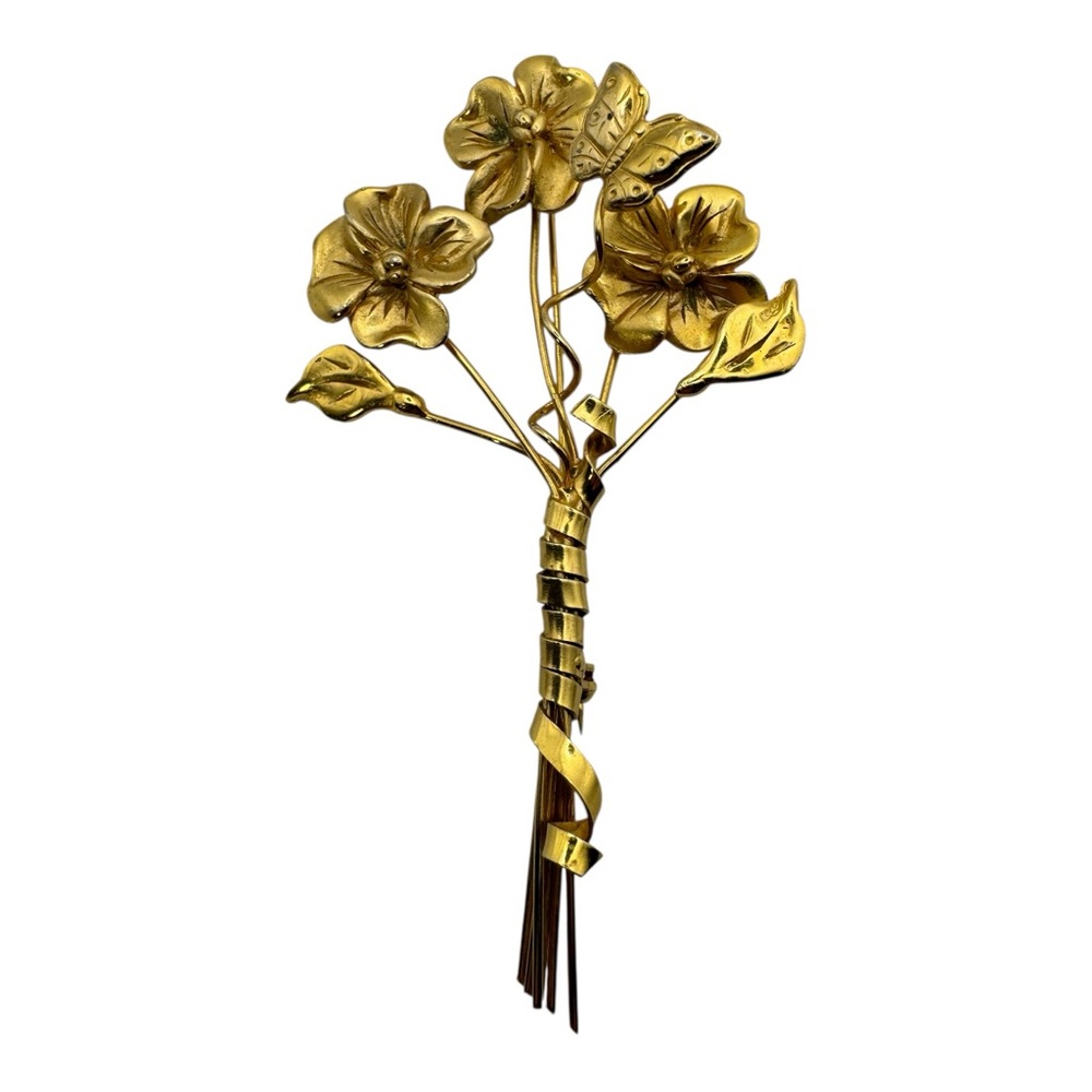 Vintage Gold‎ Tone Flower Bouquet Brooch Pin w/ Butterfly 3” Floral